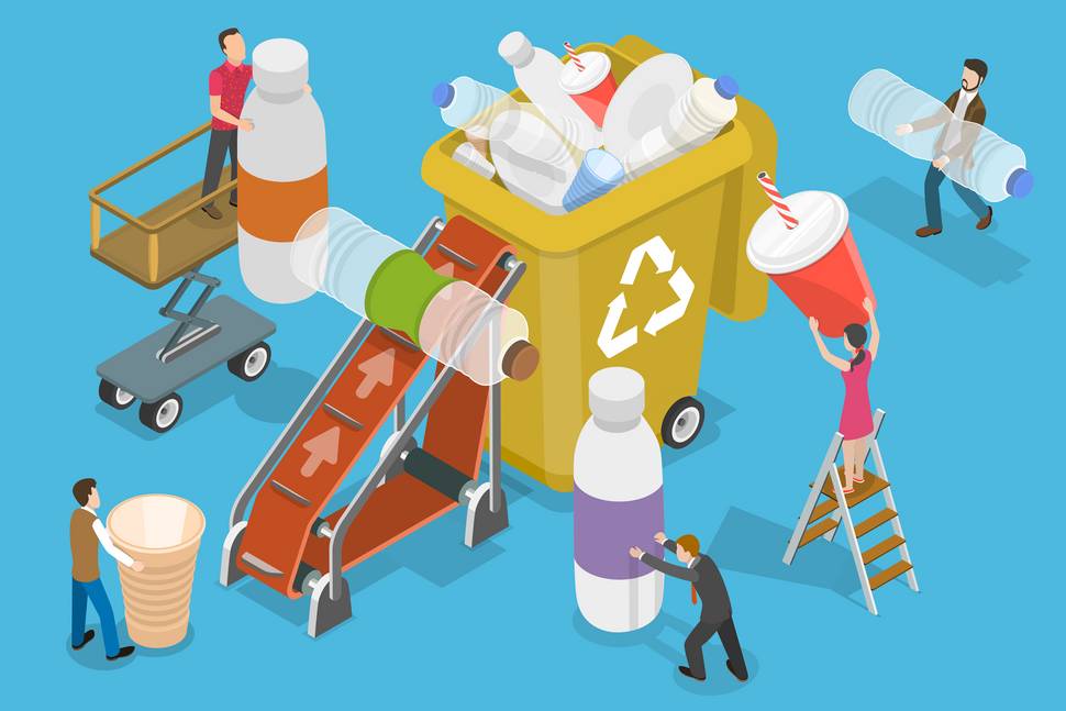 3D Isometric Flat Vector Conceptual Illustration of Collecting Plastic Trash.